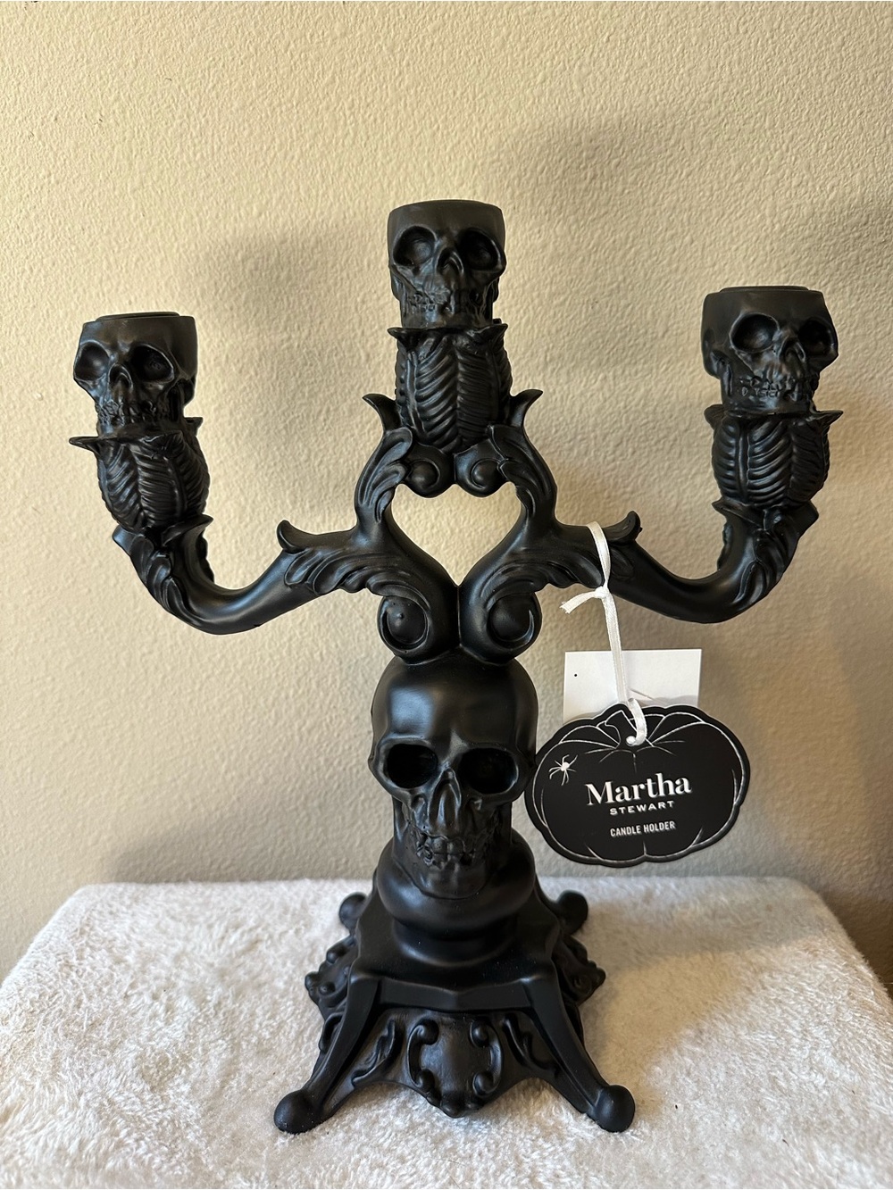 Martha Stewart Halloween Candelabra Skulls Candle Holder Black Resin NWT